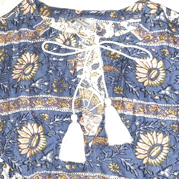 Lucky Brand size SP blouse blue & ivory BOHO 3/4 sleeves w keyhole & tassel ties - Picture 5 of 15